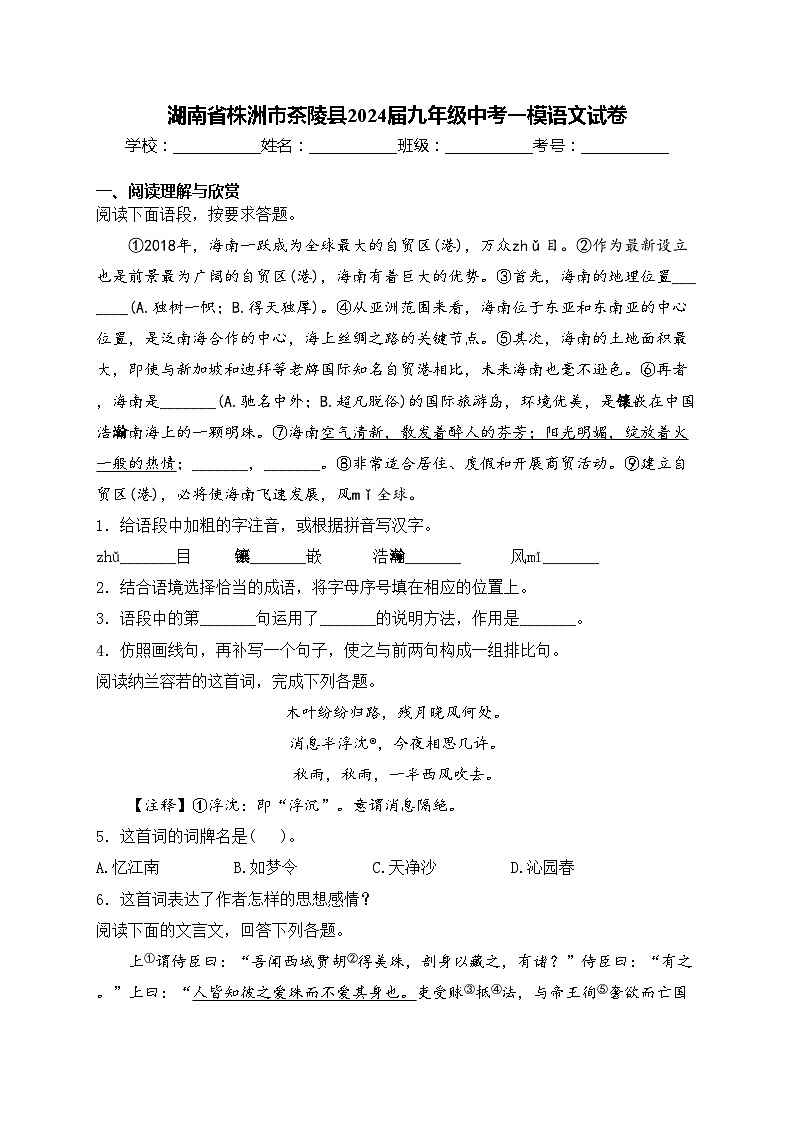 湖南省株洲市茶陵县2024届九年级中考一模语文试卷(含答案)第1页