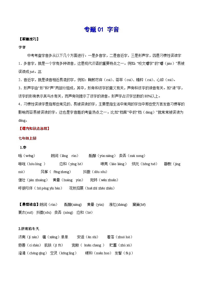 中考语文一轮复习考点精讲精练专项汇编专题01 字音(考点讲解)01