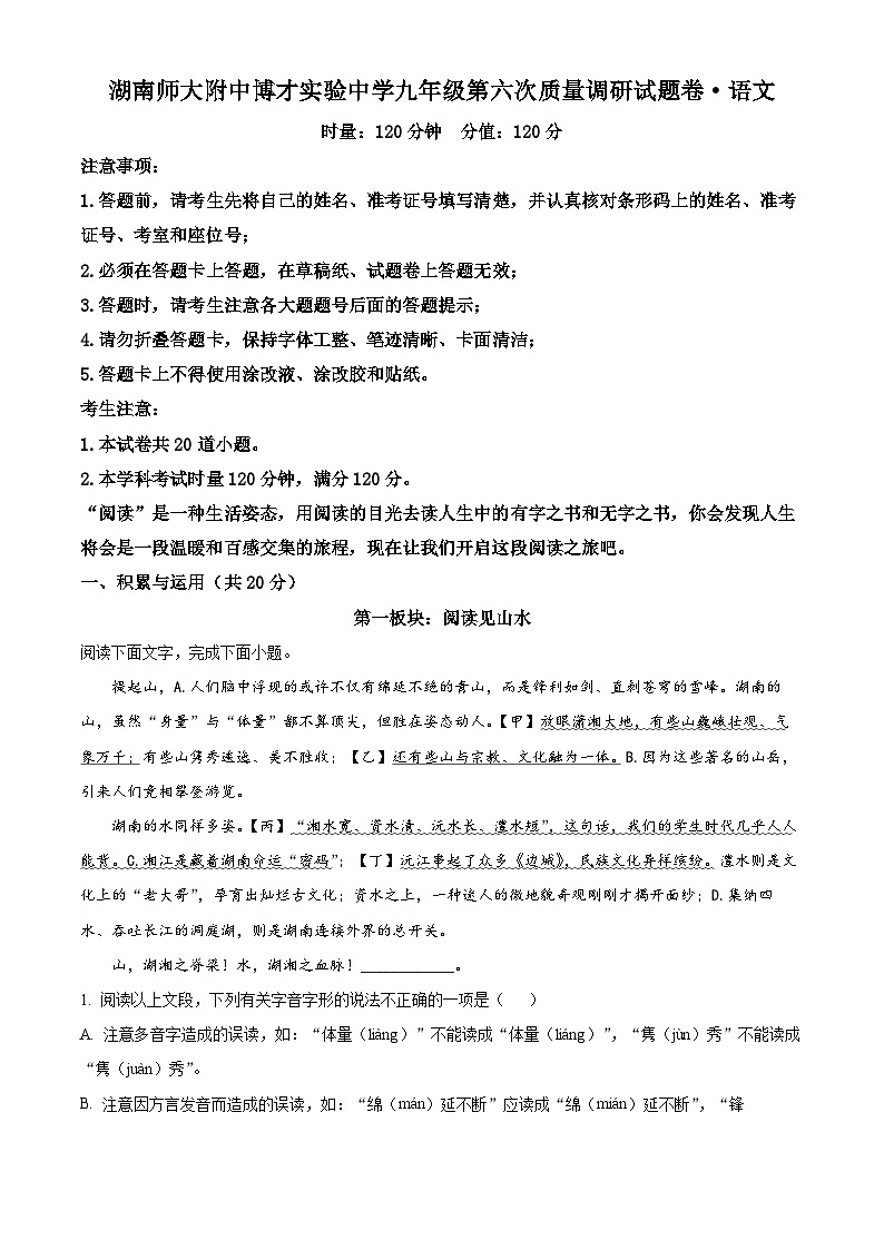 2024年湖南省长沙市湖南师大附中博才实验中学中考一模语文试题（原卷版+解析版）01