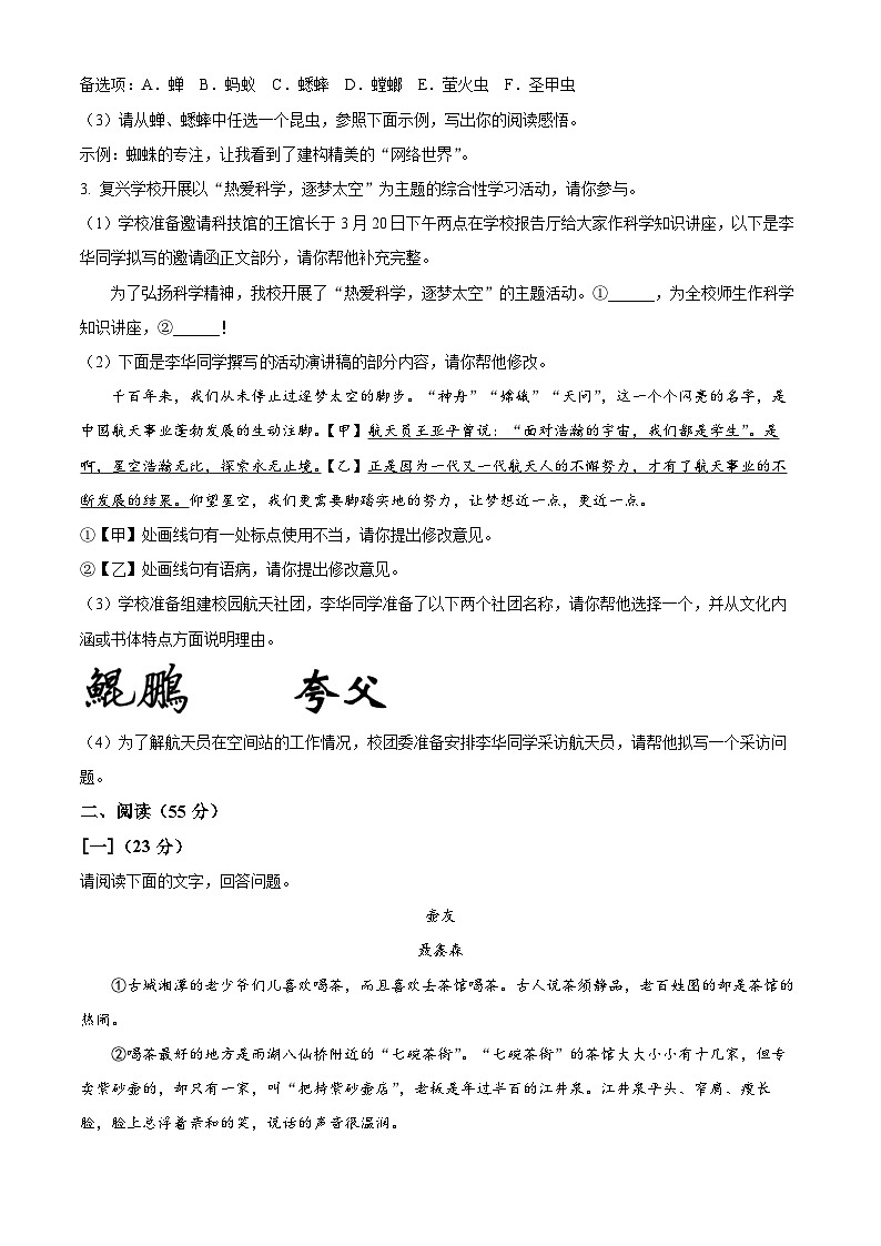 2024年安徽省阜阳市部分学校中考一模语文试题（原卷版+解析版）02