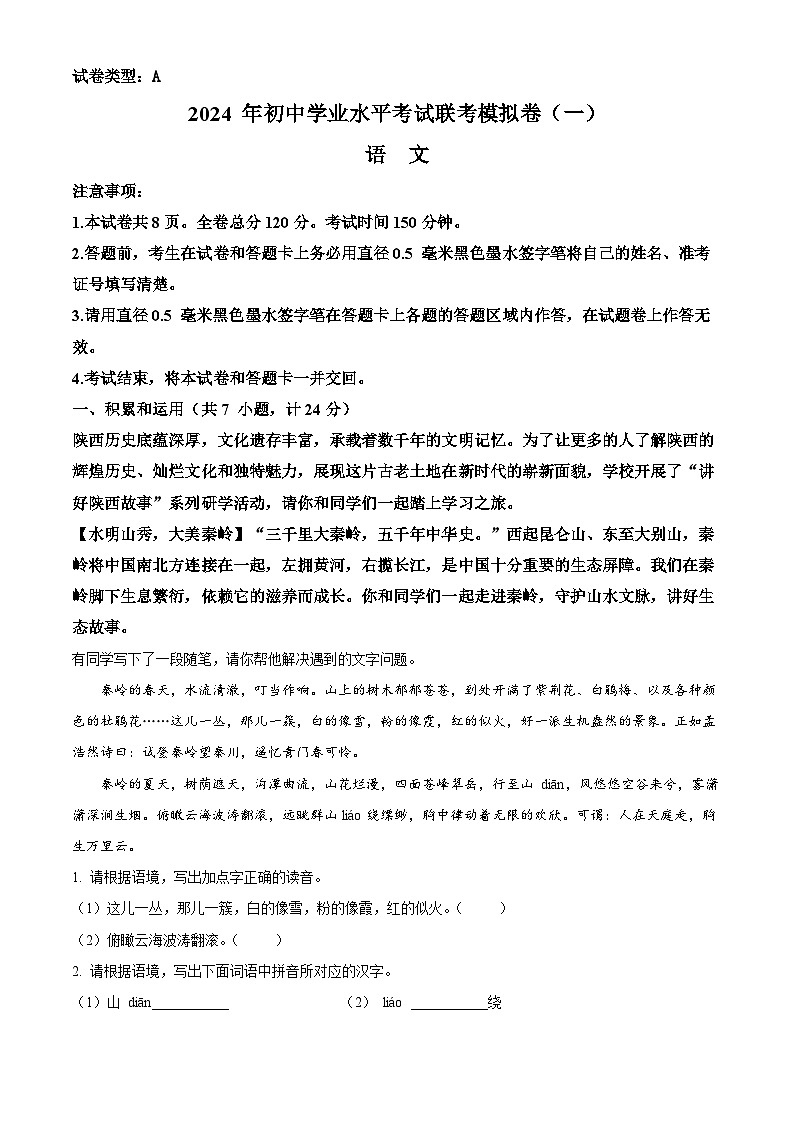 2024年陕西省太白县部分学校中考一模语文试题（解析版）第1页