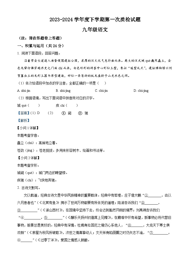 2024年河南省驻马店市泌阳县中考一模语文试题（原卷版+解析版）01