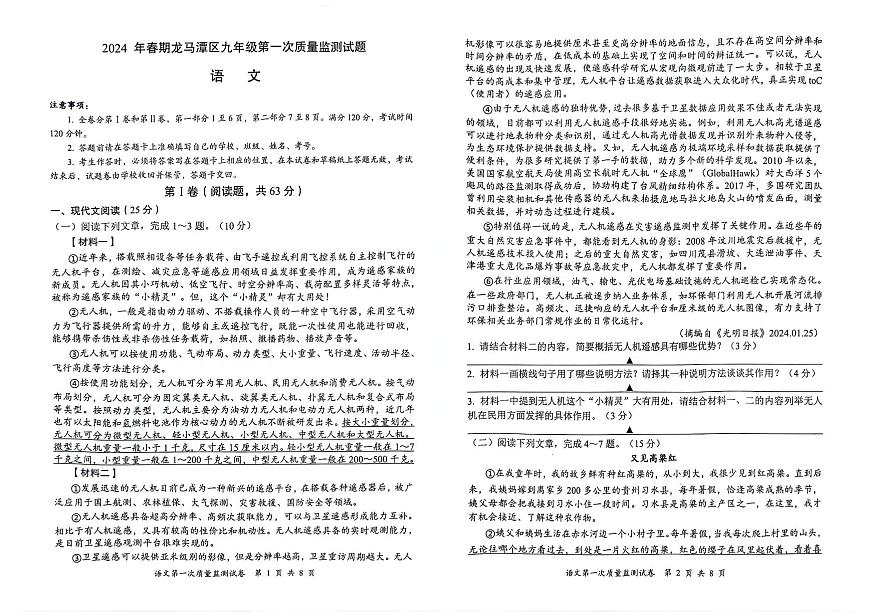 2024年四川省泸州市龙马潭区中考—模考试语文试卷第1页