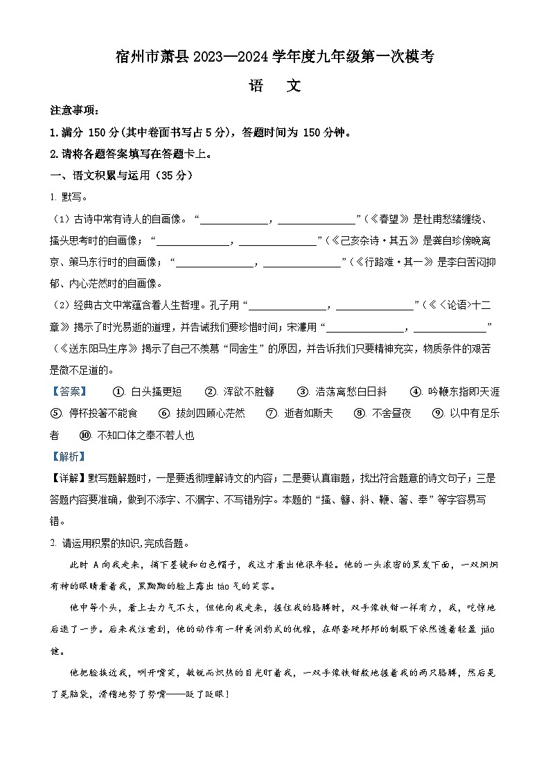2024年安徽省宿州市萧县中考一模语文试题（原卷版+解析版）01