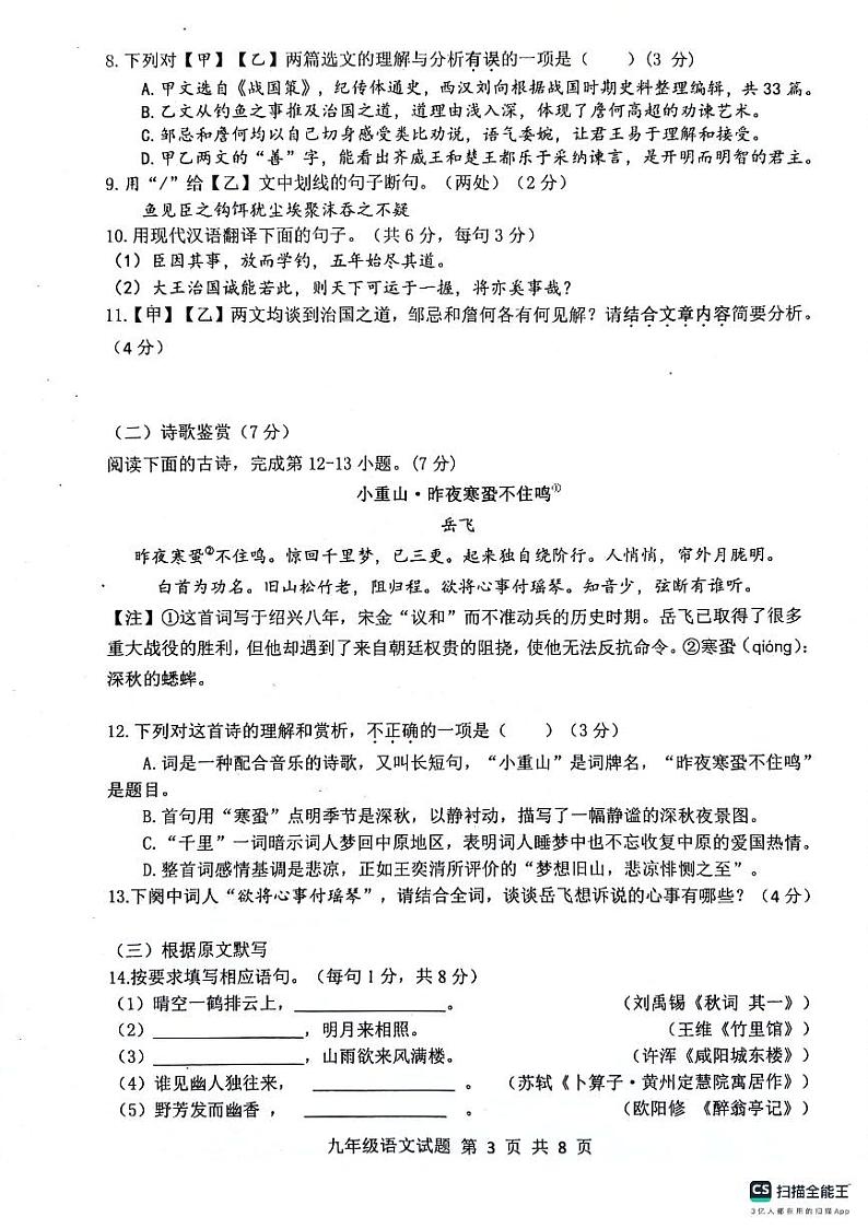 2024年山东省济南市长清区中考一模语文试题第3页