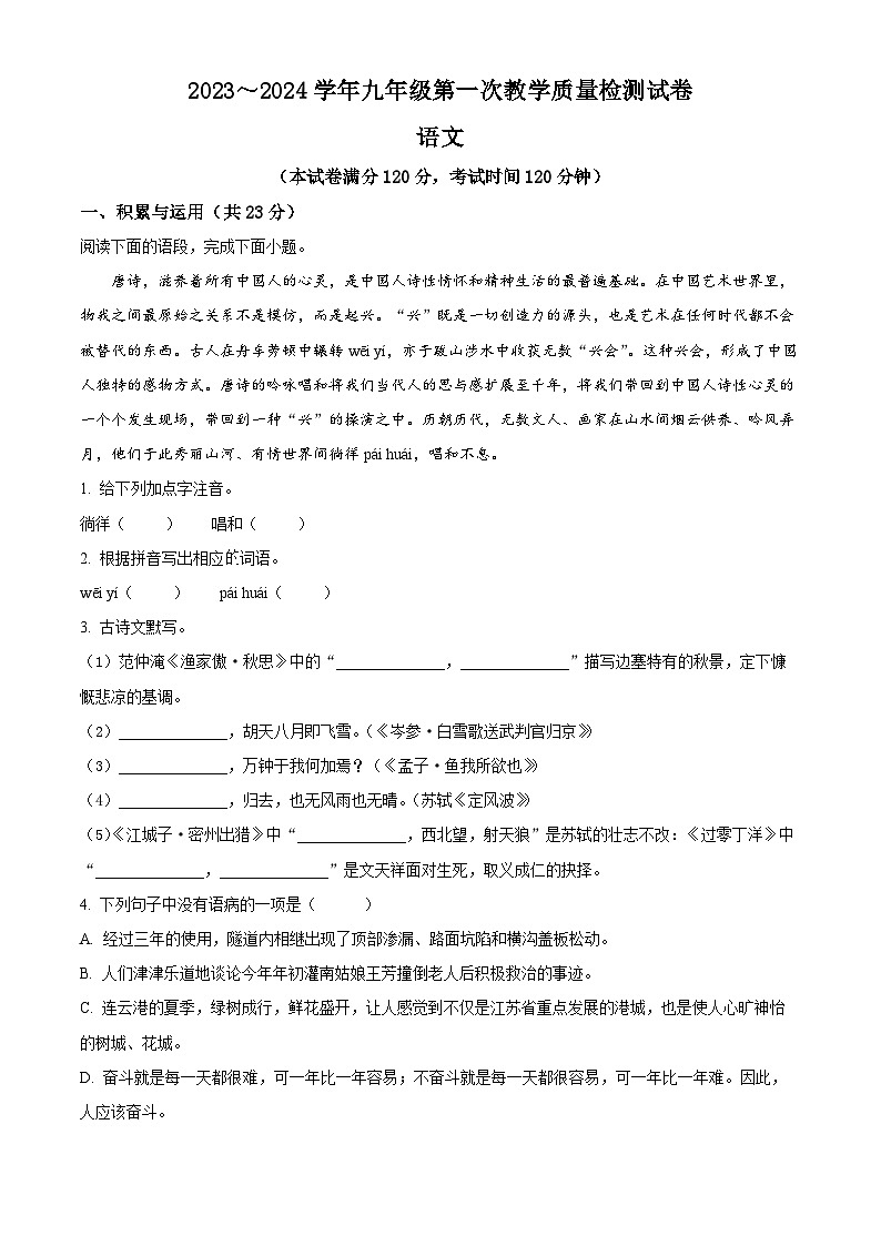 2024年河南省洛阳市新安县中考一模语文试题（原卷版+解析版）01