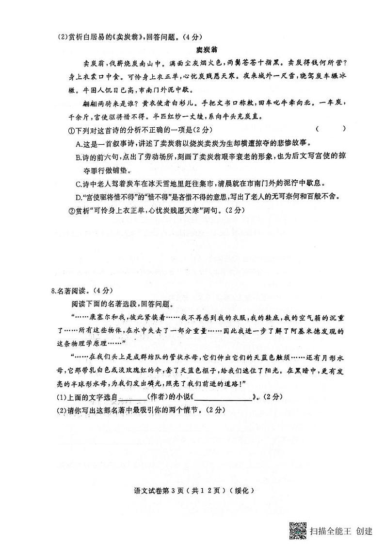 黑龙江省绥化市望奎县2023-2024学年九年级下学期4月月考语文试卷03