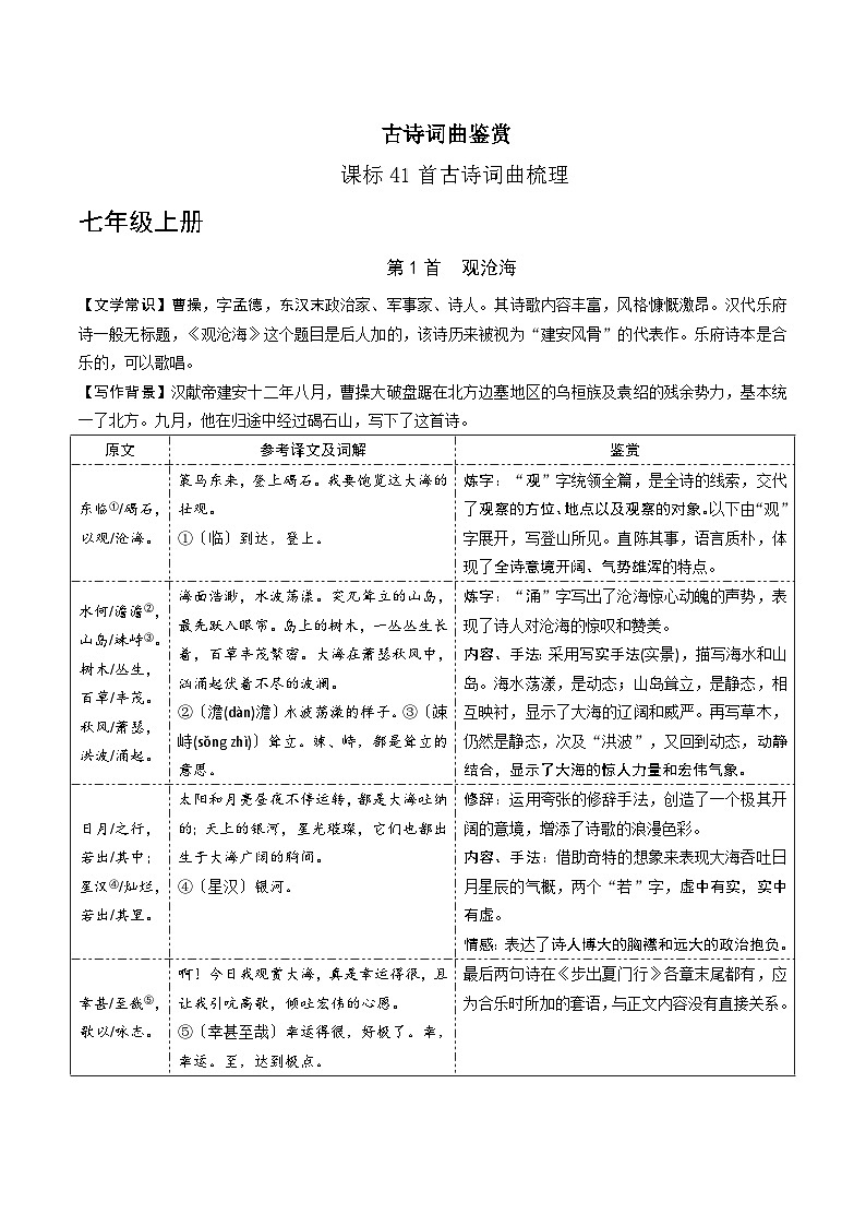 课标41首古诗词曲梳理七年级上册-中考语文备考手册（辽宁专版）知识点+练习01