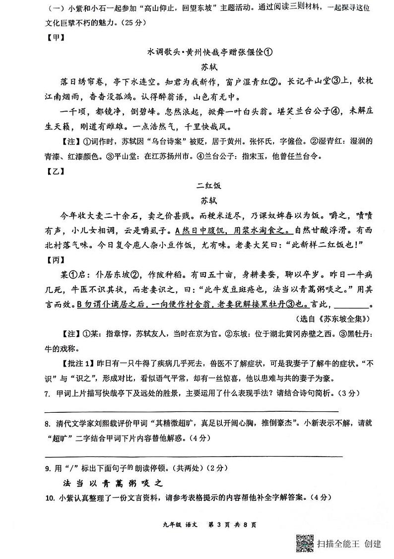 江苏省南通市部分学校2023-2024学年九年级下学期3月月考语文试卷03