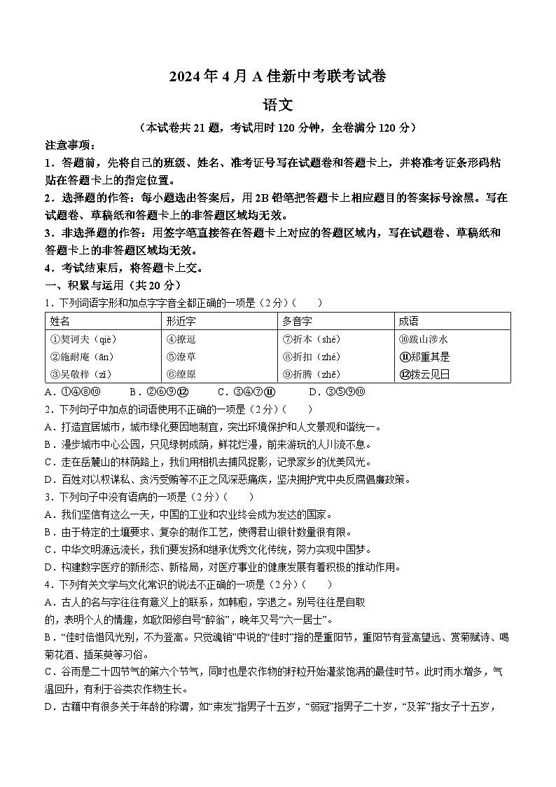 2024年湖南省怀化市怀化市校联考中考一模语文试题01