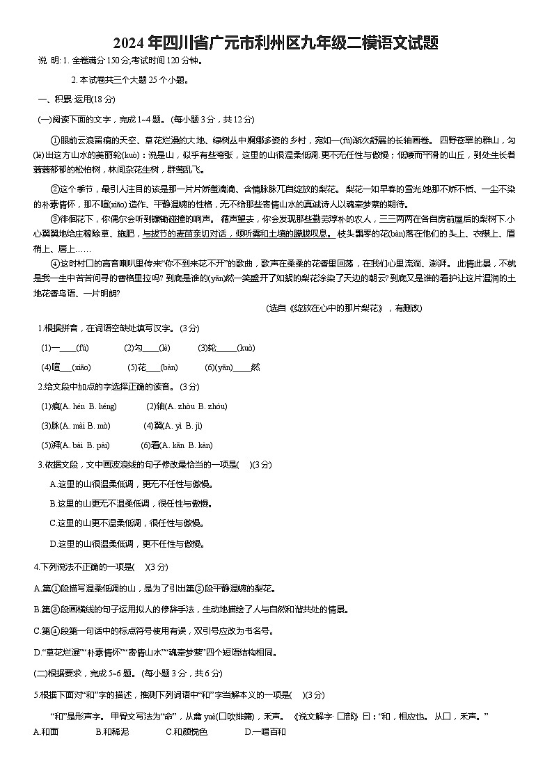 2024年四川省广元市利州区中考二模语文试题01