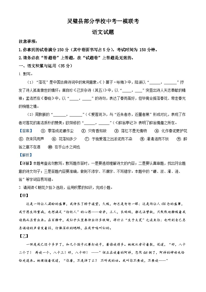 2024年安徽省灵璧县部分学校联考中考一模语文试题（原卷版+解析版）01