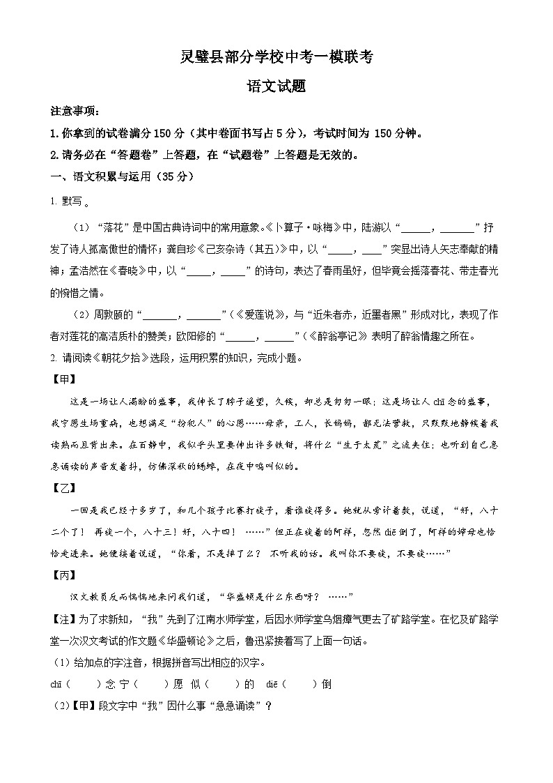 2024年安徽省灵璧县部分学校联考中考一模语文试题（原卷版+解析版）01