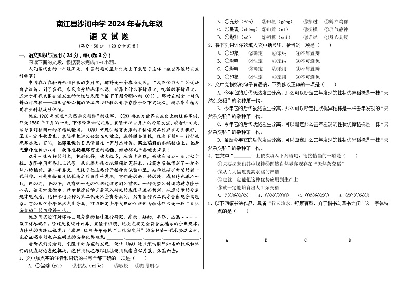 四川省巴中市南江县沙河中学2023-2024学年九年级下学期第一次月考语文试题01