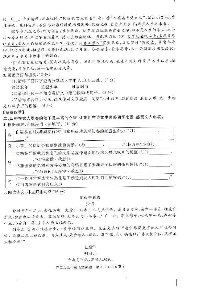 2024年安徽省合肥市庐江县中考一模语文试题03