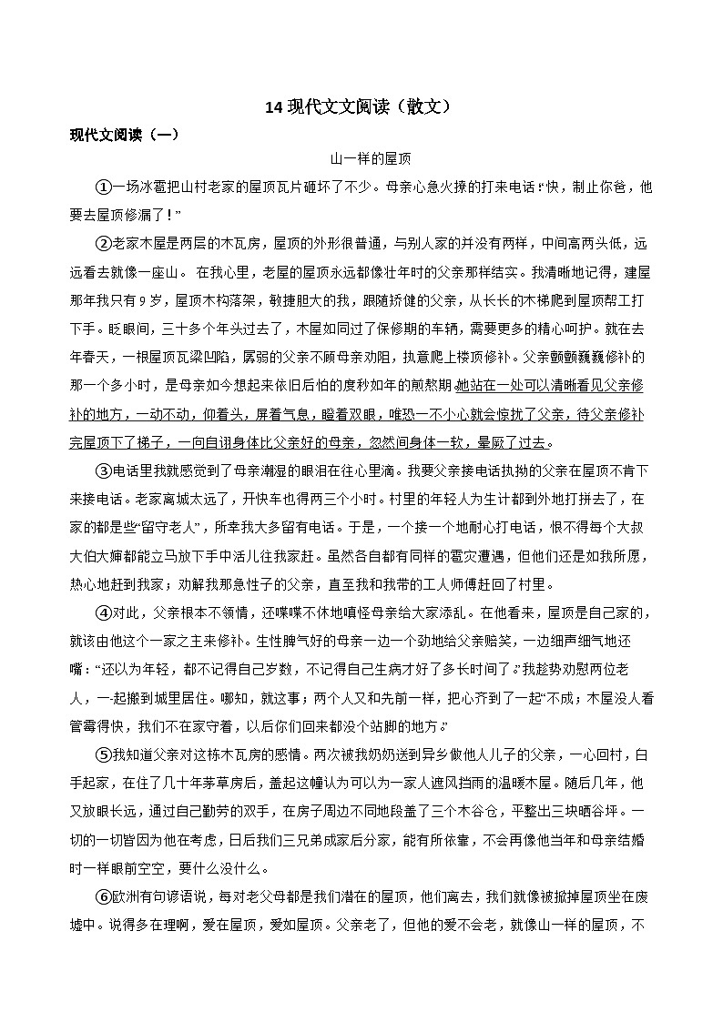 14现代文文阅读（散文）-七年级语文下册专题复习（原卷版）第1页