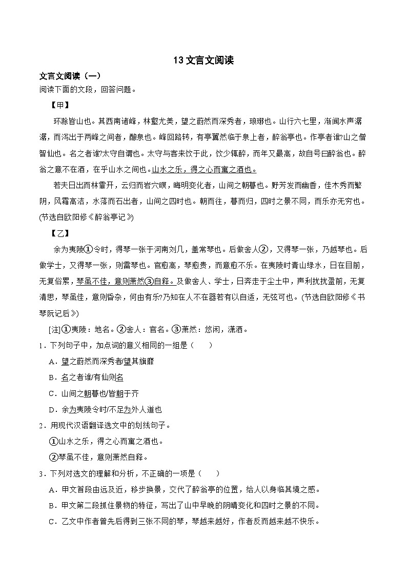 13文言文阅读-中考语文专题复习（原卷版）第1页