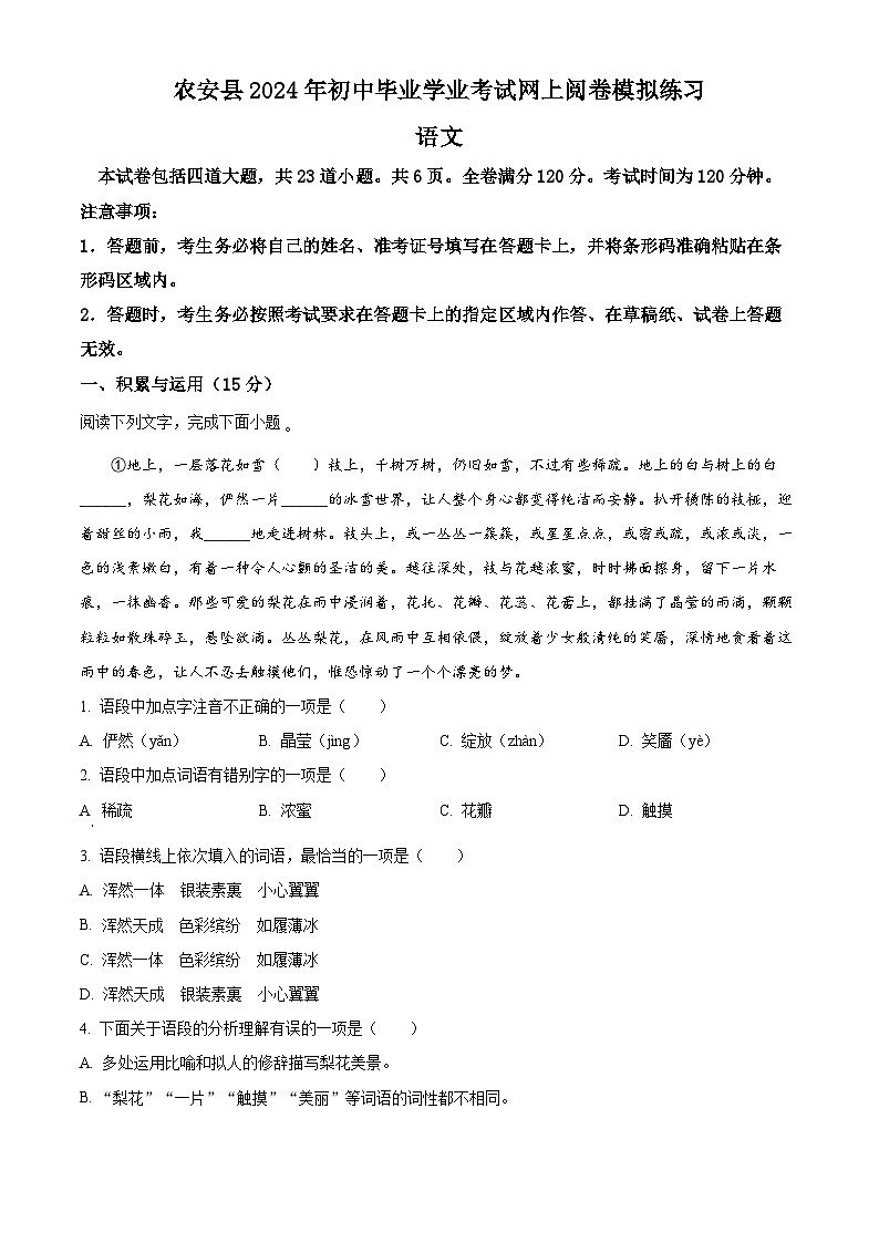 2024年吉林省长春市农安县中考一模语文试题（解析版）第1页