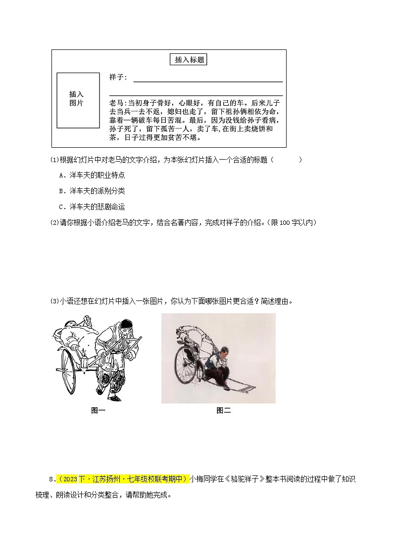 专题03 《骆驼祥子》（考试热点）30题-七年级语文下学期期中专题复习（江苏专用）03