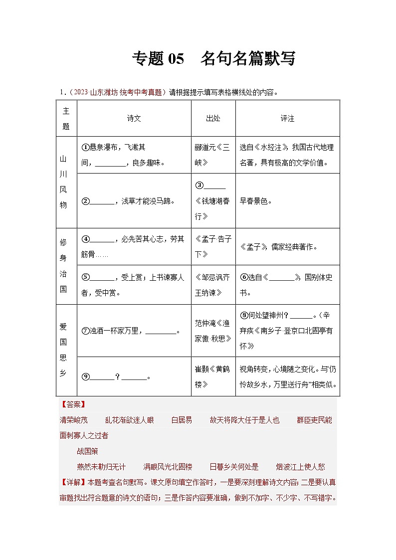 【备战2024中考】专题05  名句名篇默写（第03期）：2023年中考语文真题分项汇编（全国通用）01