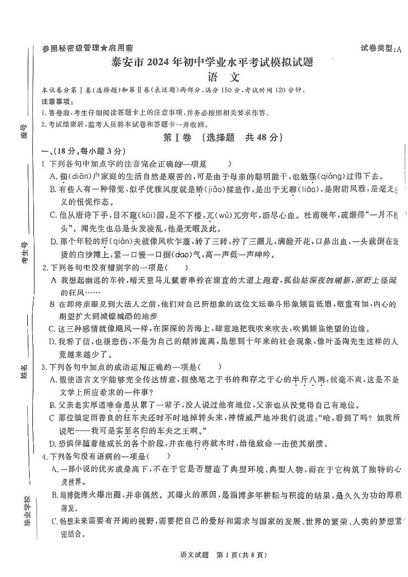2024年山东省泰安市第一中学中考一模语文试题第1页