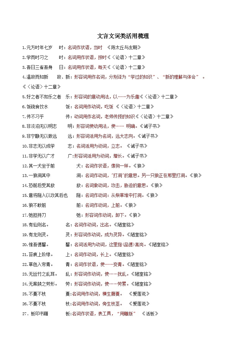 专题5  文言文词类活用梳理-【必背、必备】2024年中考语文文言文知识清单（统编版）01