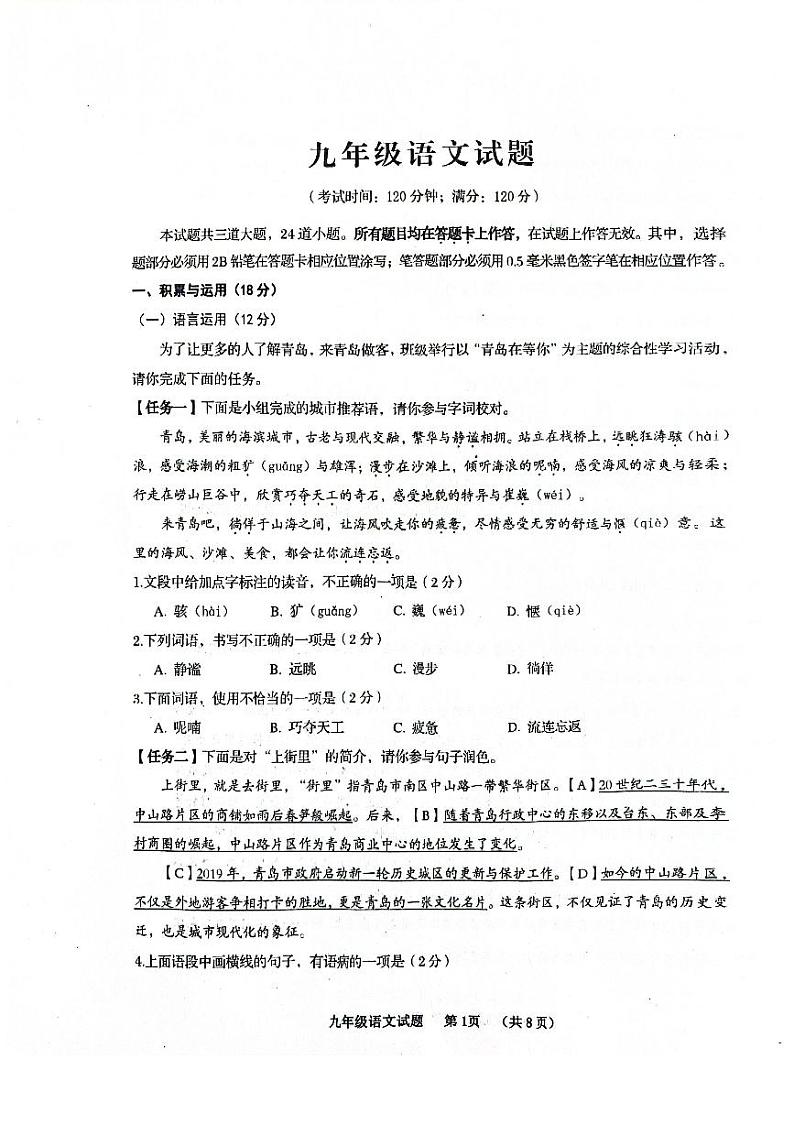 2024年山东省青岛西海岸新区中考一模语文试题第1页