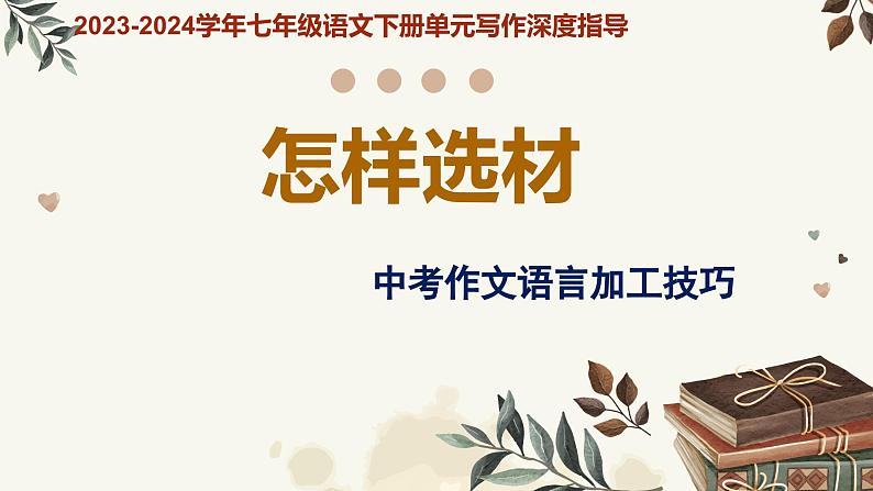 中考 专题13 怎样选材+中考作文语言加工技巧课件-【同步作文课】2023-2024学年七年级语文下册单元写作深度指导（统编版）第1页