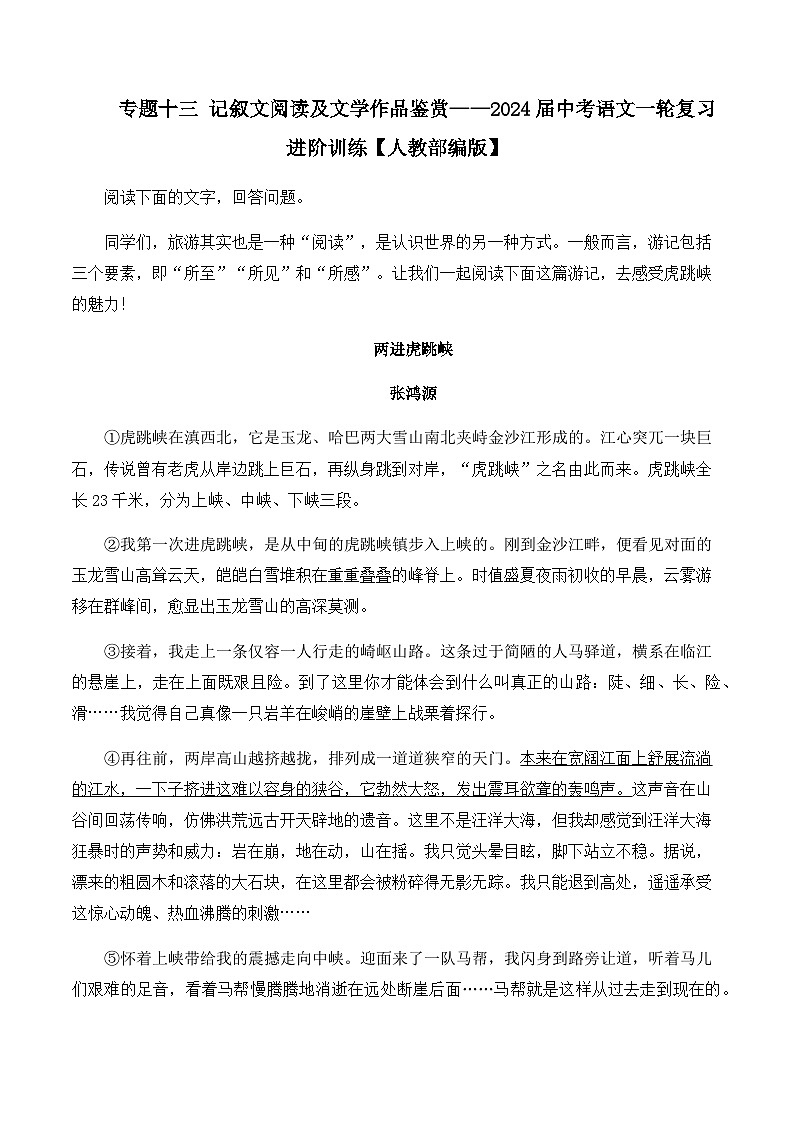 专题十三 记叙文阅读及文学作品鉴赏——2024届中考语文一轮复习进阶训练【人教部编版】第1页