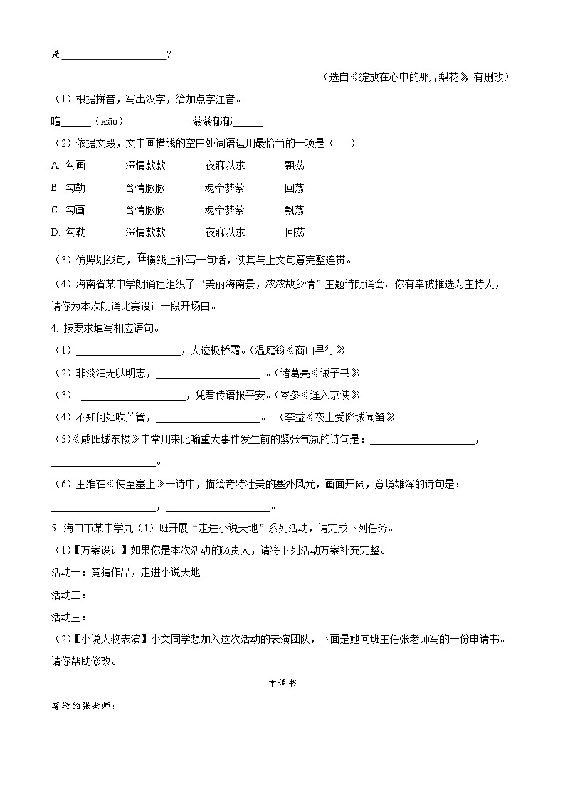 2024年海南省海口市美兰区海南师范大学附属中学中考一模语文试题（原卷版+解析版）02