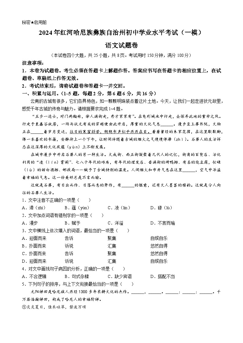 2024年云南省红河哈尼族彝族自治州中考一模语文试题+第1页