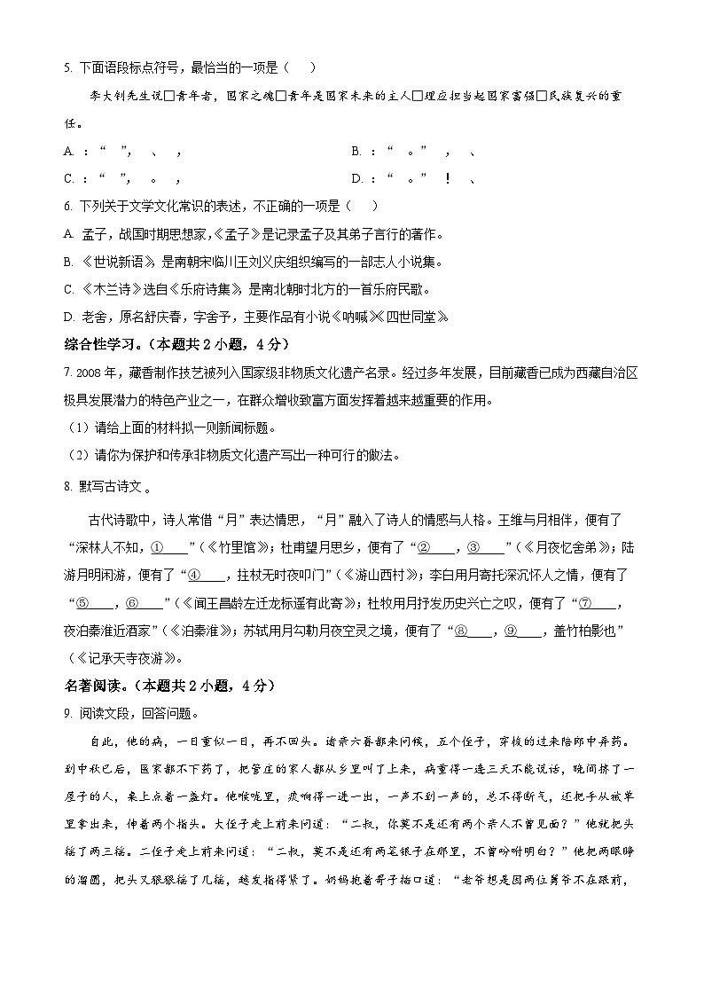 2024年西藏自治区中考二模语文试题（原卷版）第2页