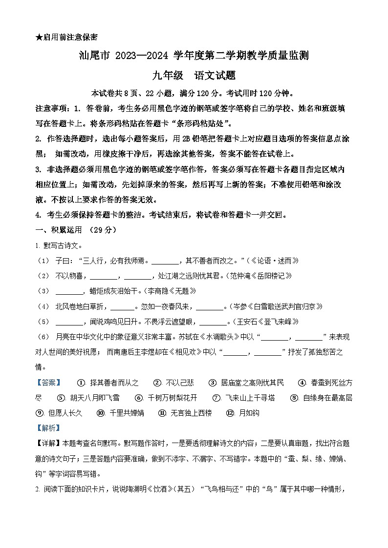 2024年广东省汕尾市中考一模考试语文试题（原卷版+解析版）01
