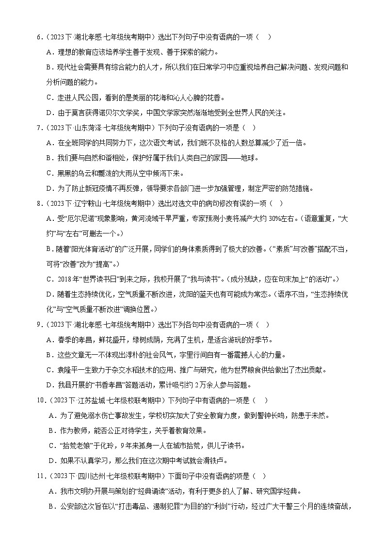 【期中讲练测】统编版七年级下册语文 专题04：病句的辨析与修改（考点专练）（原卷版）第2页