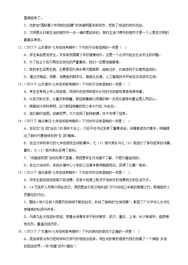 【期中讲练测】统编版七年级下册语文 专题04：病句的辨析与修改（考点专练）（原卷版）第3页