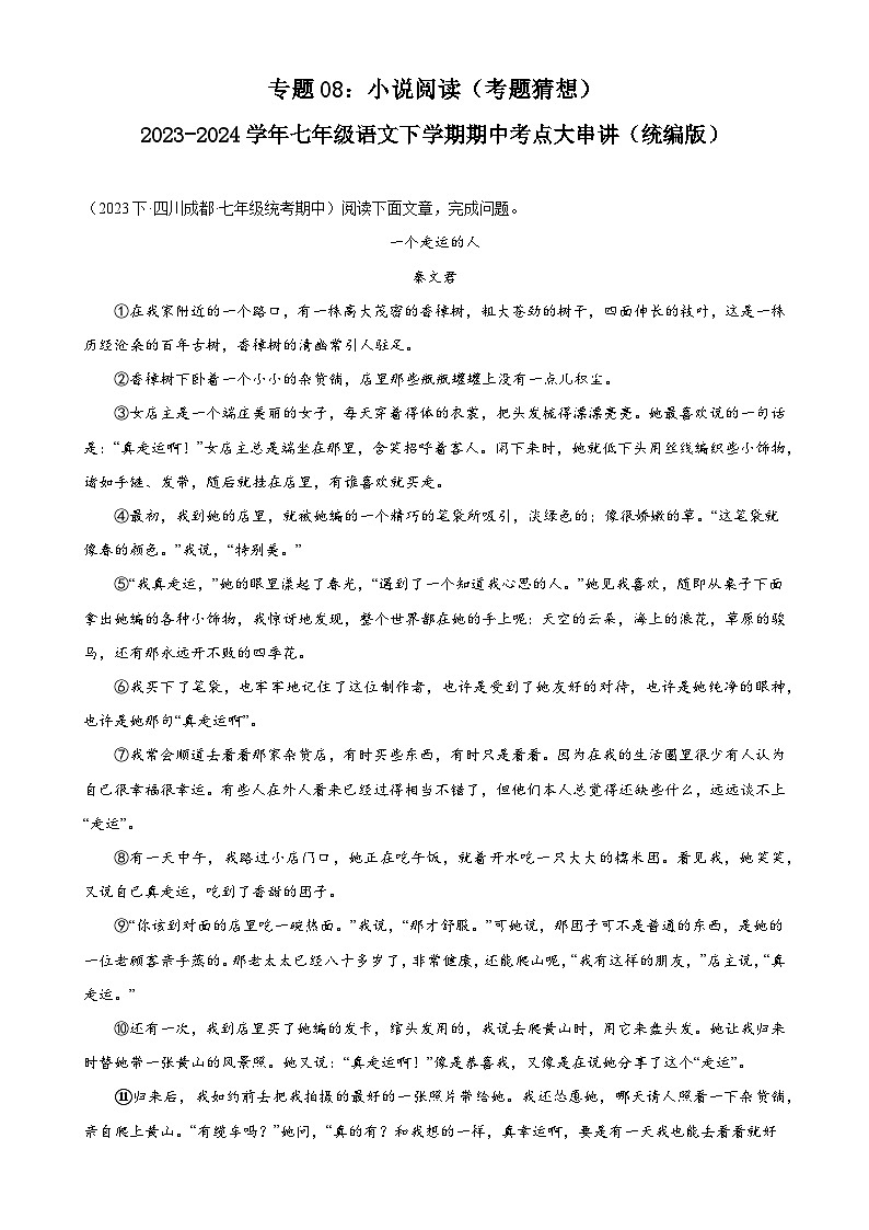【期中讲练测】统编版七年级下册语文 专题08：小说阅读（考点专练）.zip01