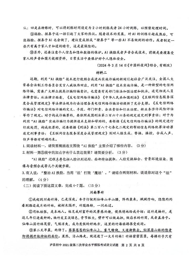 2024年四川省泸州市泸县中考二模语文试题第2页