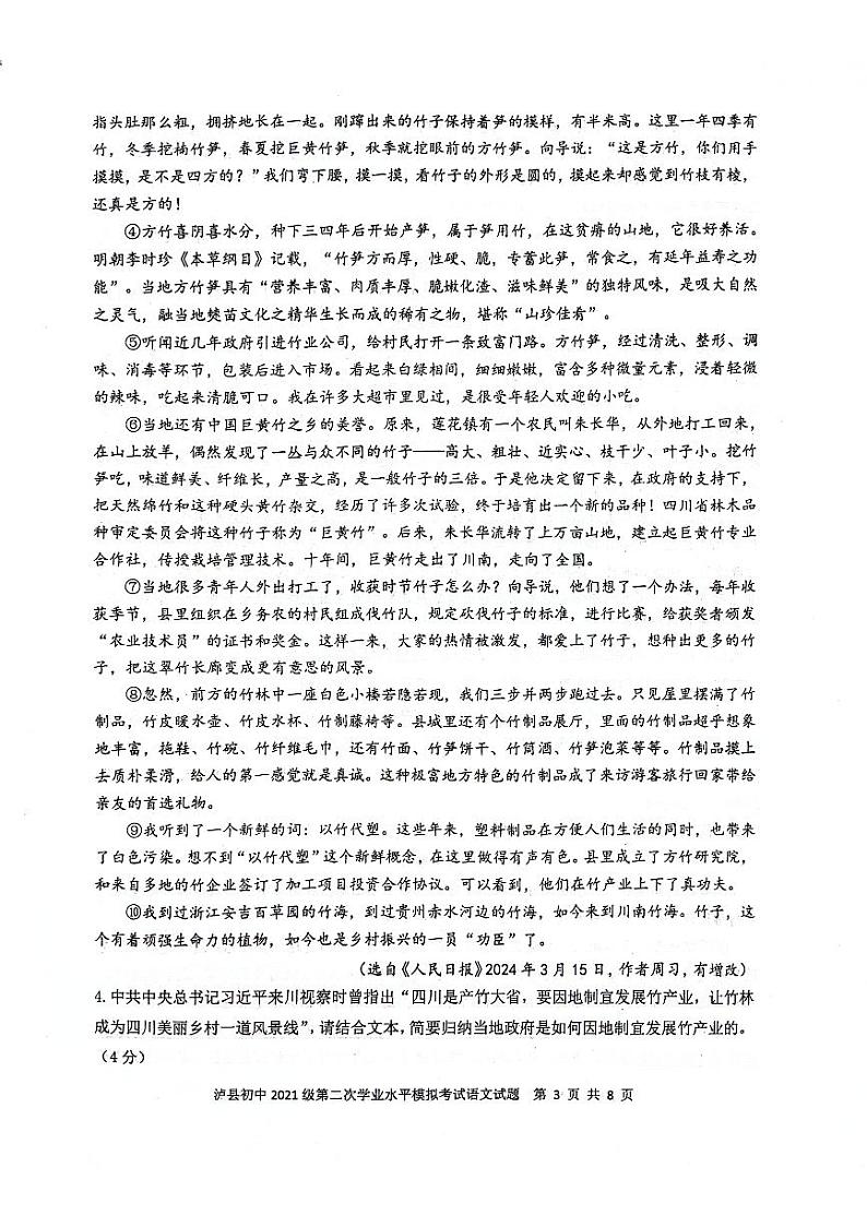 2024年四川省泸州市泸县中考二模语文试题第3页