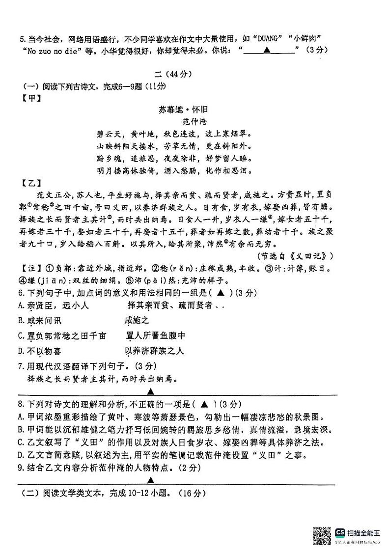 江苏省南京玄武外国语学校2023-2024学年九年级下学期期中（零模）语文试卷02