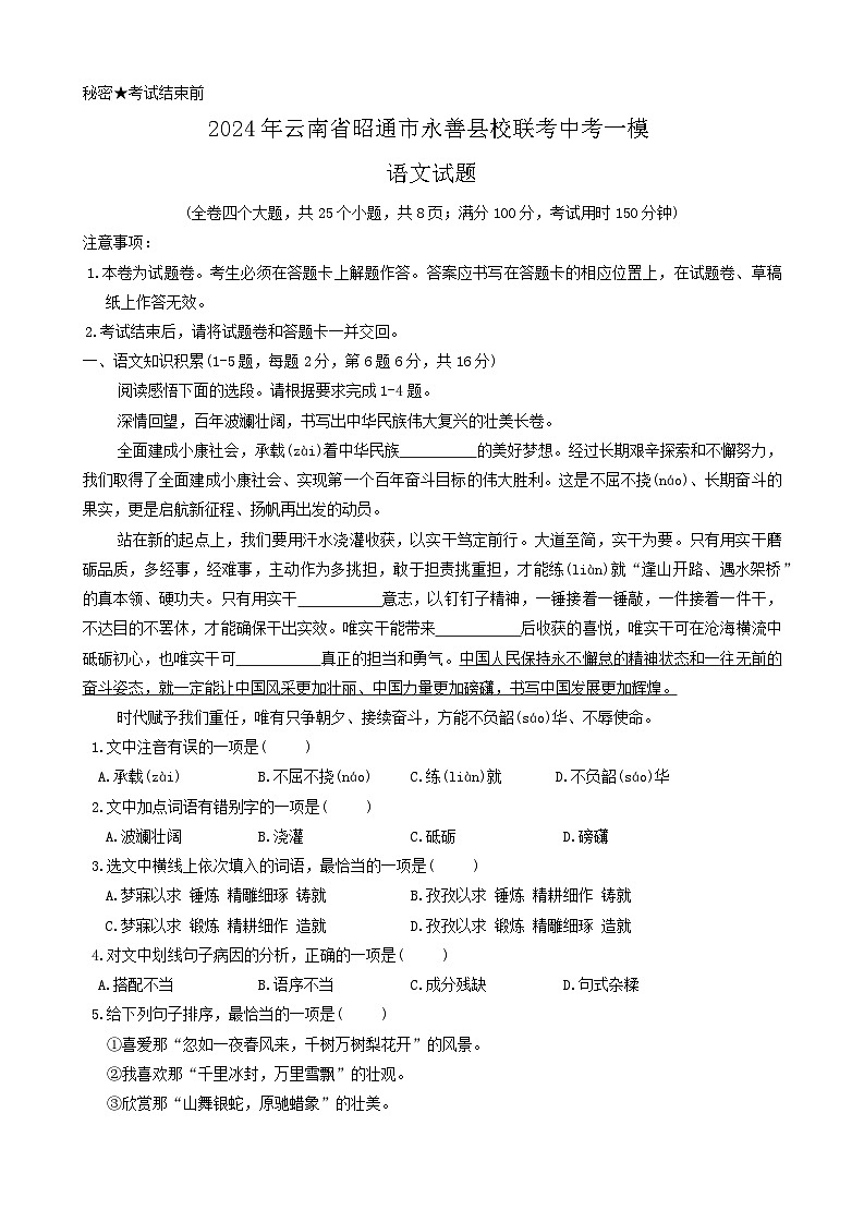 2024年云南省昭通市永善县校联考中考一模语文试题01