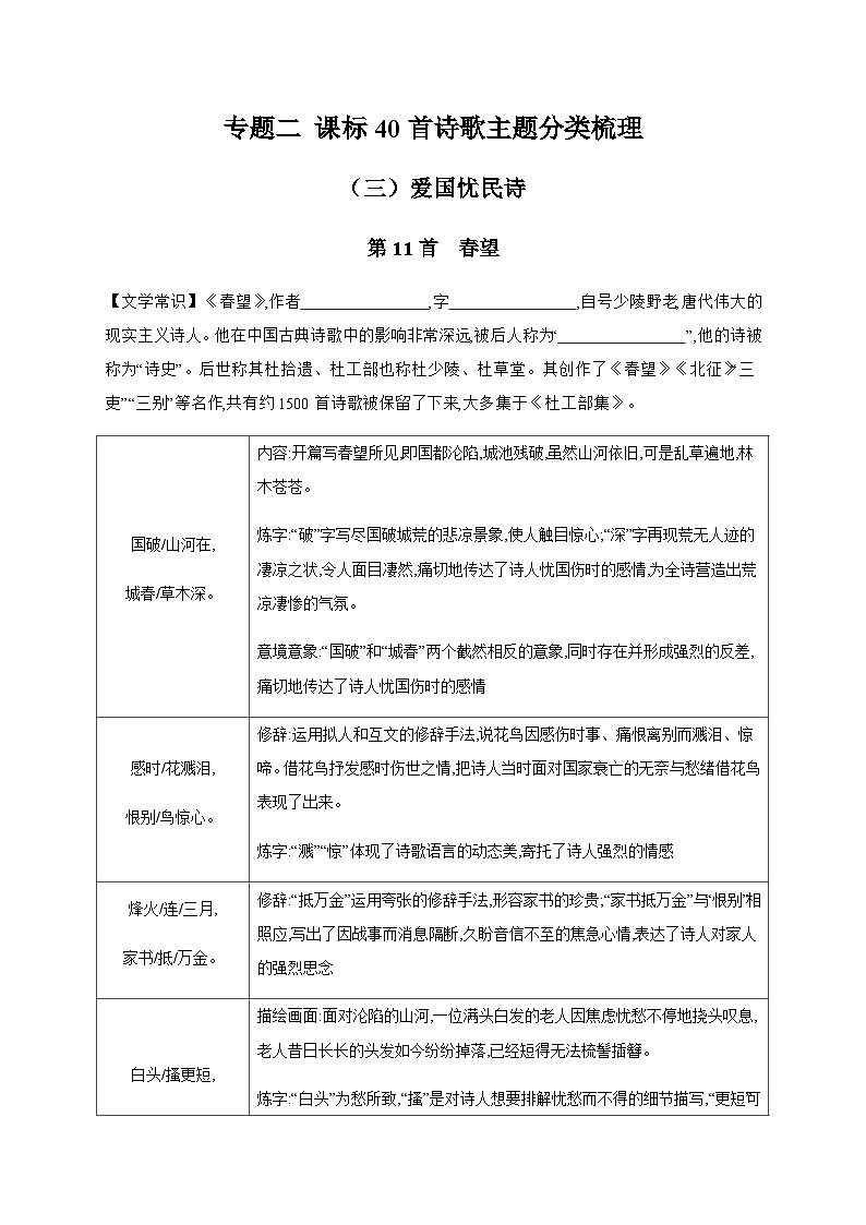 2024年中考语文考点精练---专题二 课标40首诗歌主题分类梳理（三）爱国忧民诗第1页