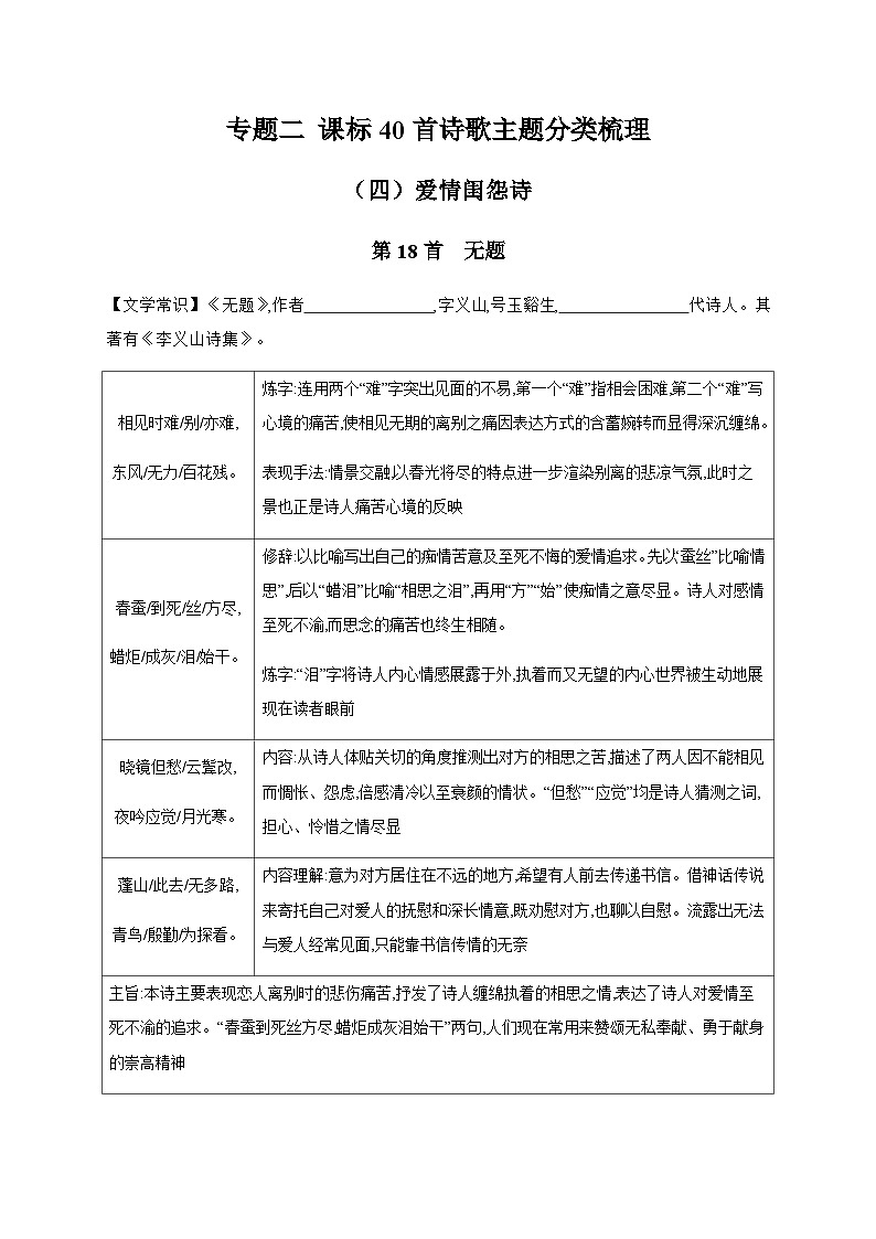 2024年中考语文考点精练---专题二 课标40首诗歌主题分类梳理（四）爱情闺怨诗第1页