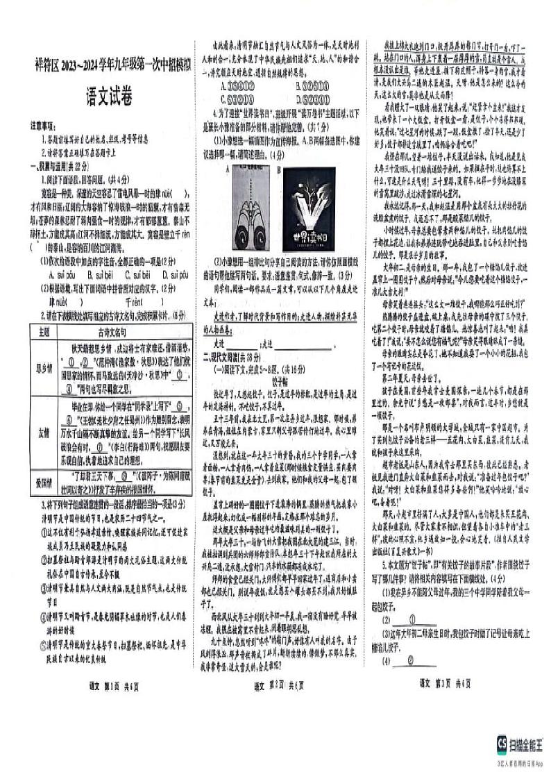 2024年河南省开封市祥符区中考一模语文试题01