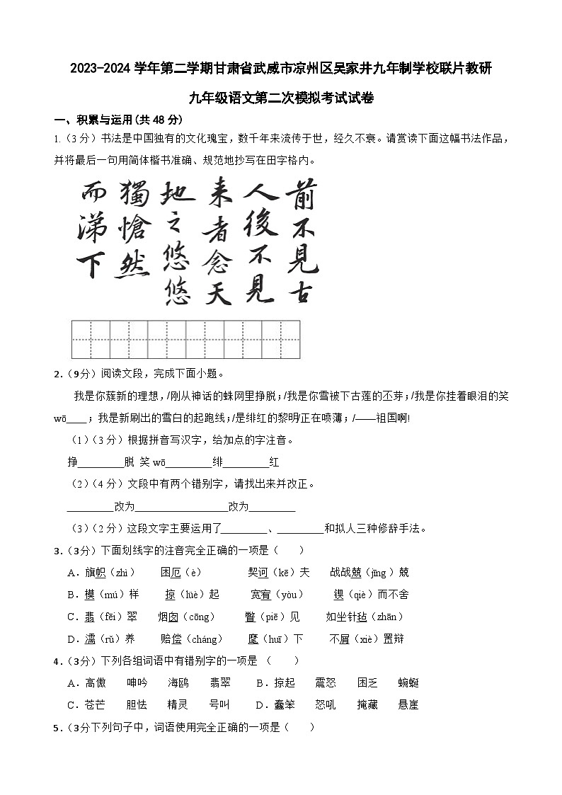 2024年甘肃省武威市凉州区长城九年制学校联片教研中考二模语文试题01