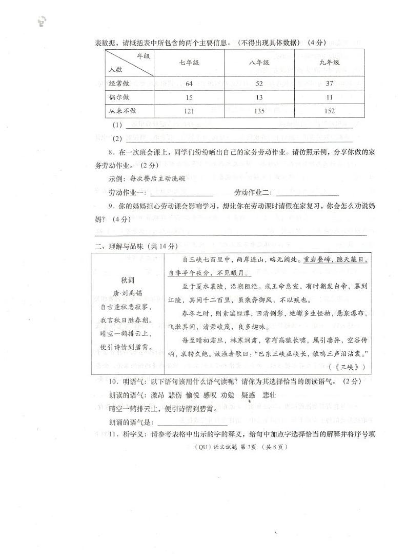 2024年青海省海东市中考一模语文试卷03