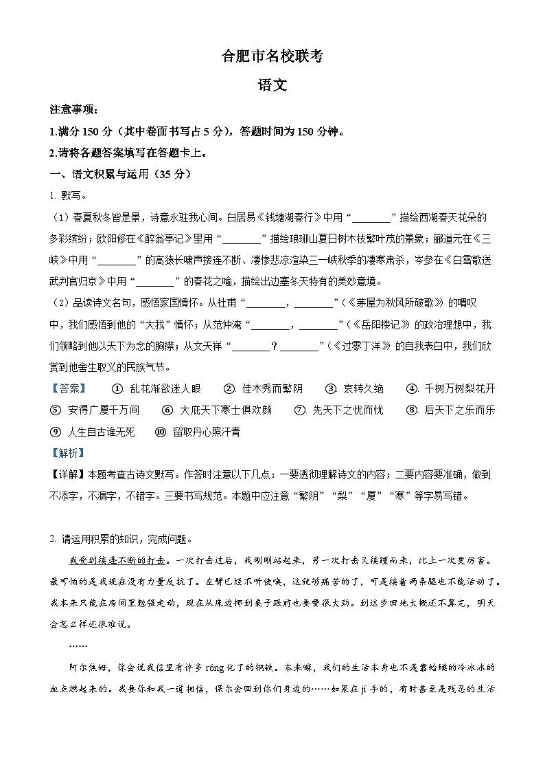 2024年安徽省合肥市名校联考中考模拟语文试题（原卷版+解析版）01