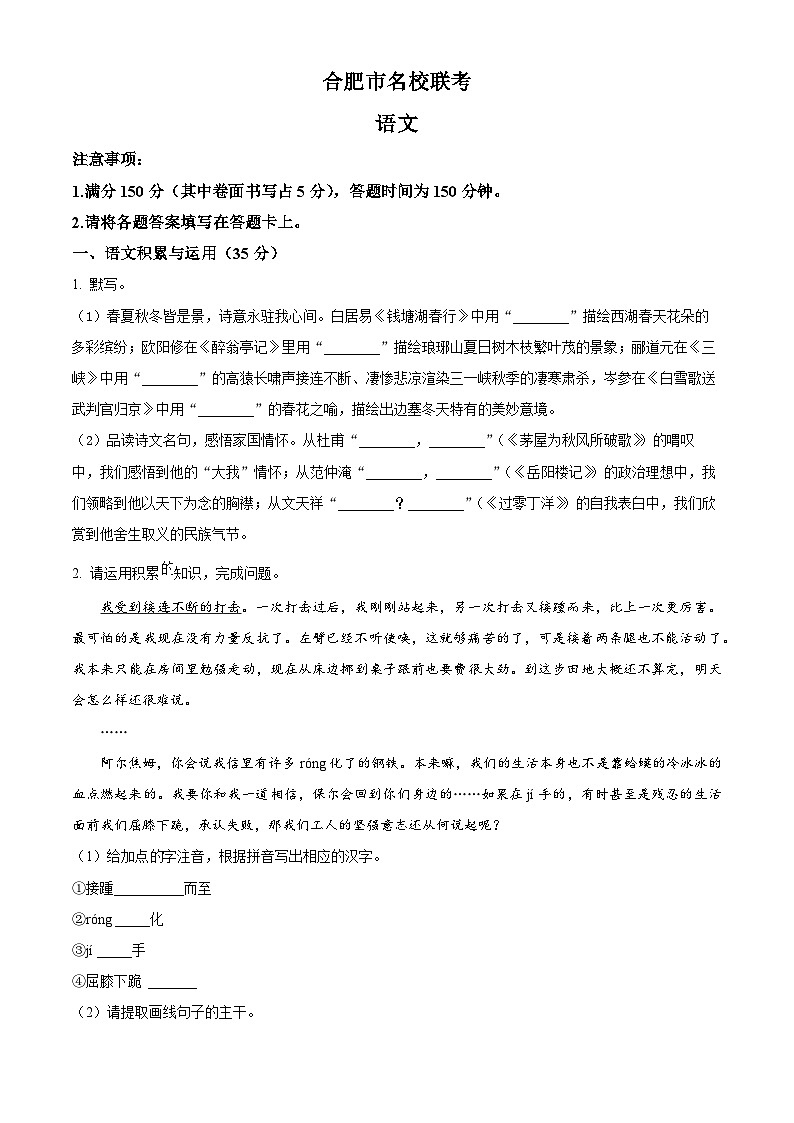 2024年安徽省合肥市名校联考中考模拟语文试题（原卷版+解析版）01