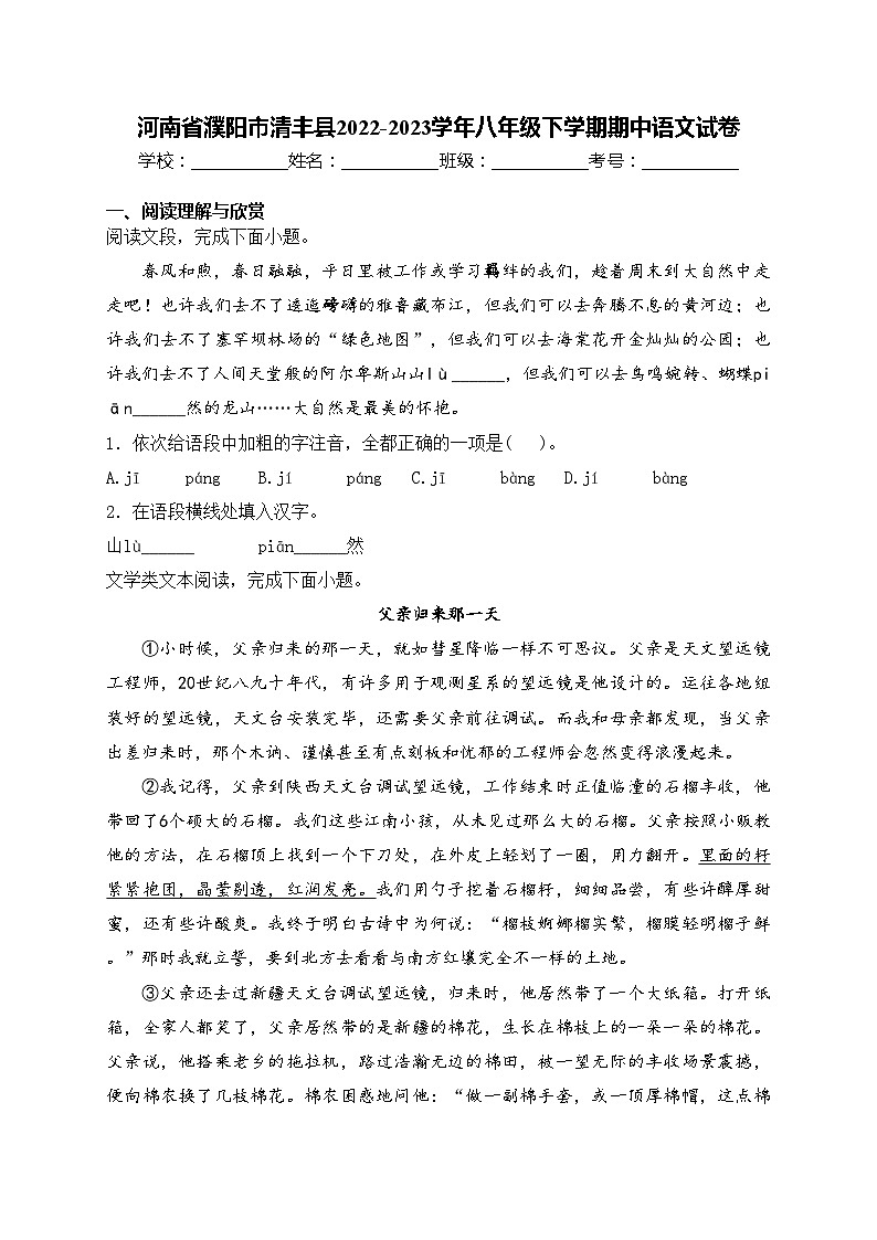 河南省濮阳市清丰县2022-2023学年八年级下学期期中语文试卷(含答案)第1页
