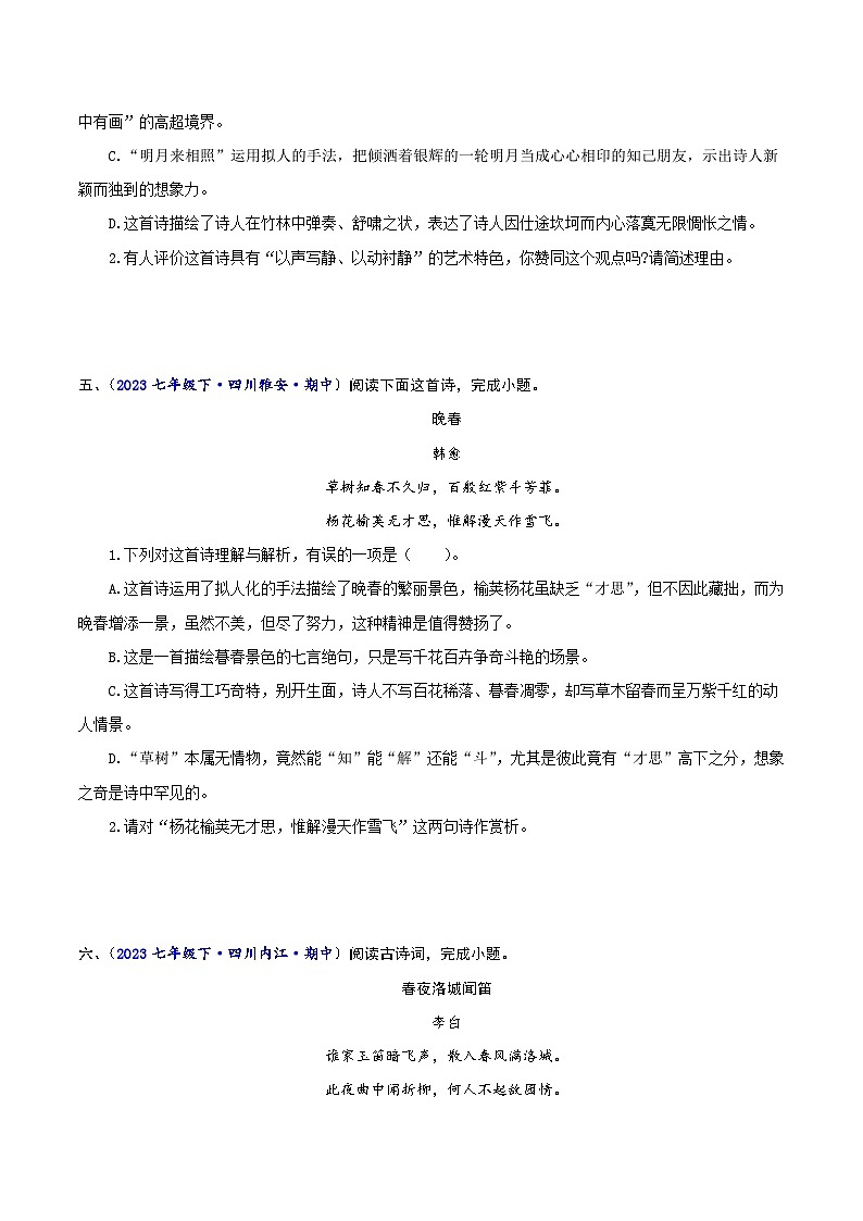 专题十一 诗词赏析-2023-2024学年七年级语文下学期期中考试重点强训（全国通用）（原卷版）第3页