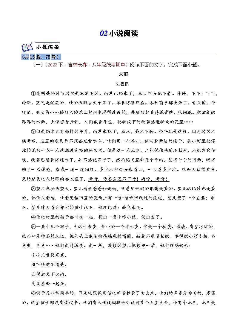 02 小说阅读-2023-2024学年八年级语文下册知识（考点）梳理与能力训练（统编版）01